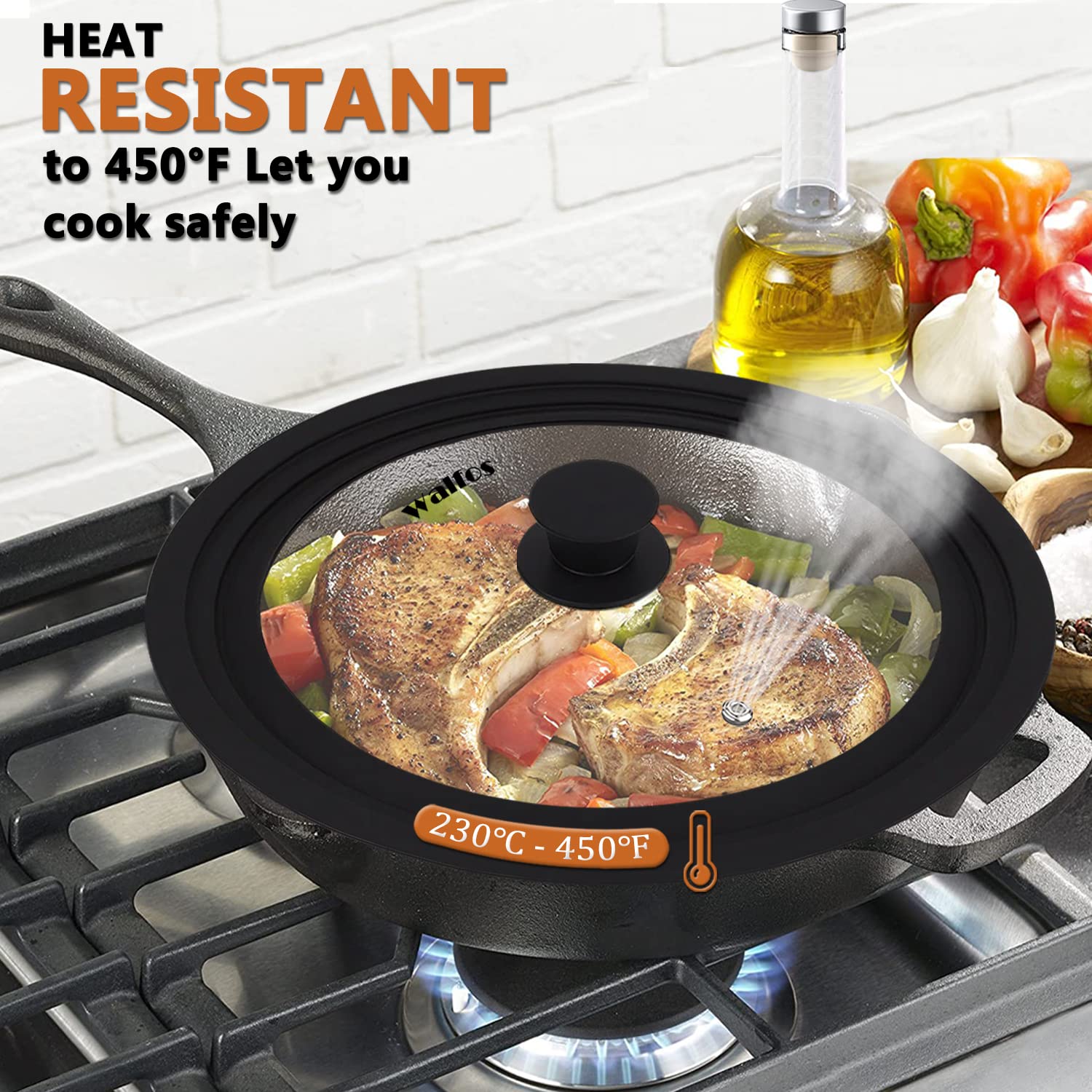 Walfos universal lid fits 12.5-inch pans to maintain moisture and aroma.