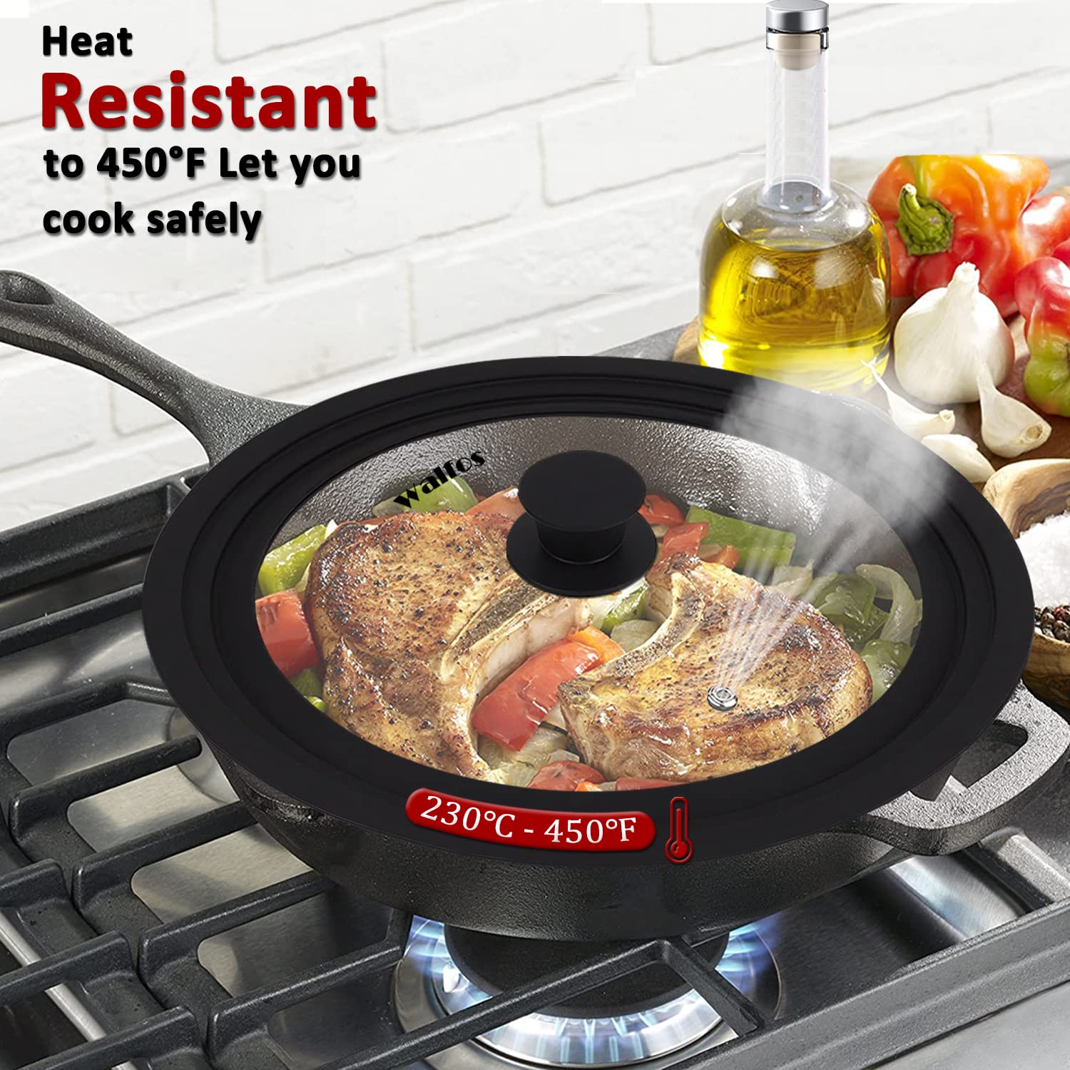 Walfos universal lid on a 12-inch pot; silicone rim seals heat