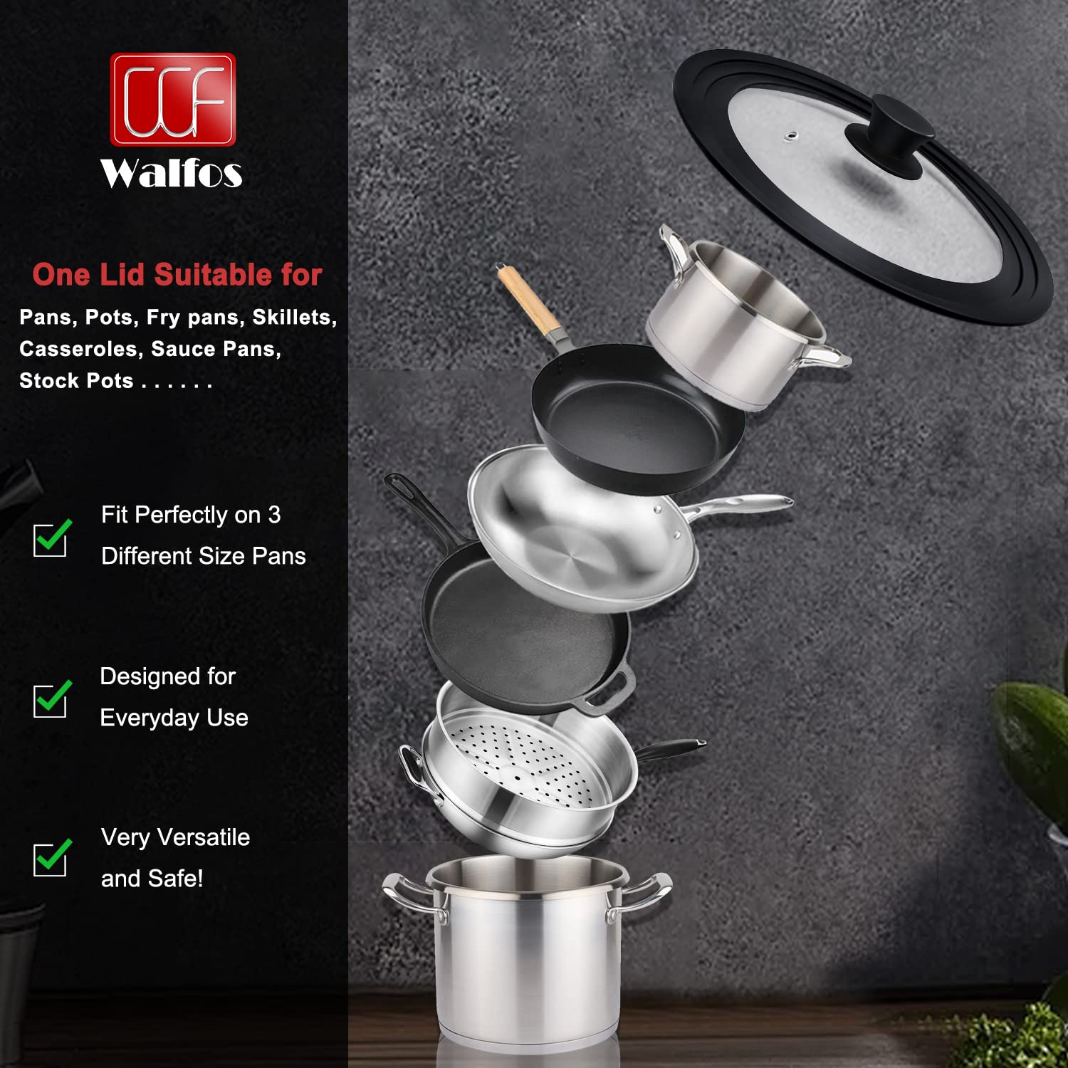 Walfos universal lid fits 12-inch cookware and seals heat for efficient cooking.