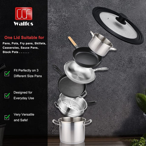 Walfos universal lid fits 12-inch cookware and seals heat for efficient cooking.