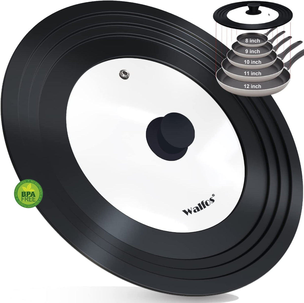 Walfos universal pan lid fits 8–12 inch pots for versatile coverage.