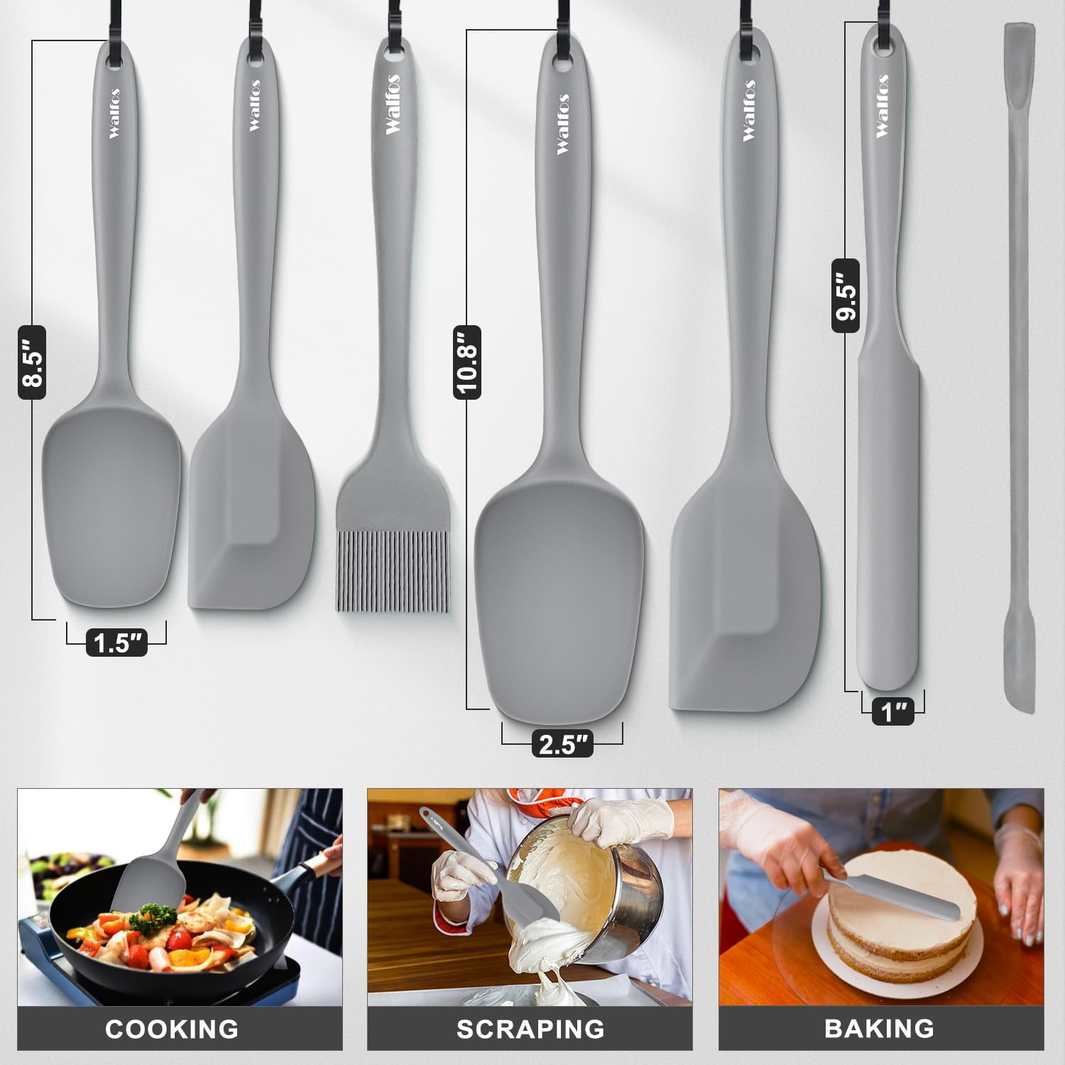 Walfos silicone spatulas in varied sizes for precise mixing.