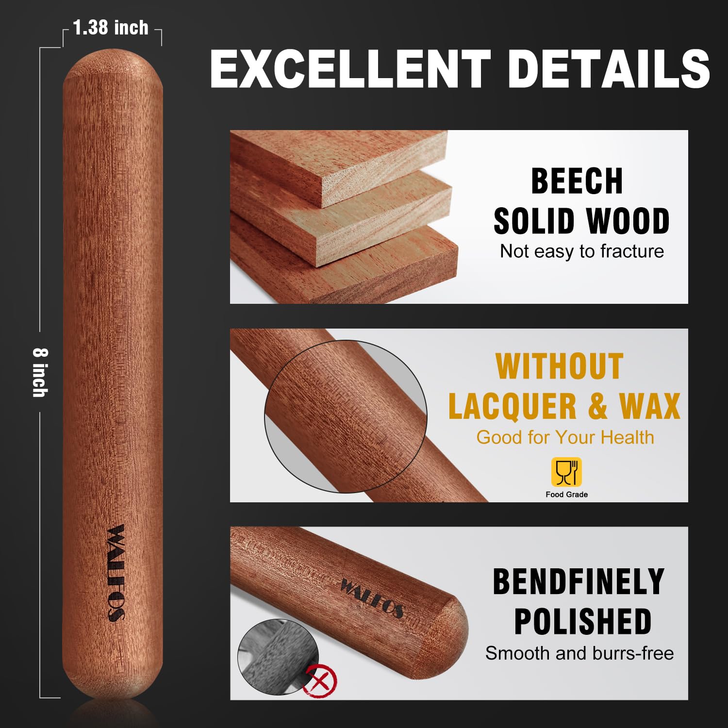 Walfos wooden rolling pin for pizza and pie dough with even pressure.