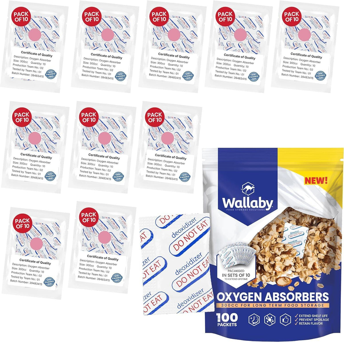 Wallaby 300cc oxygen absorbers in a ready-to-use pack with indicators for long-term storage.