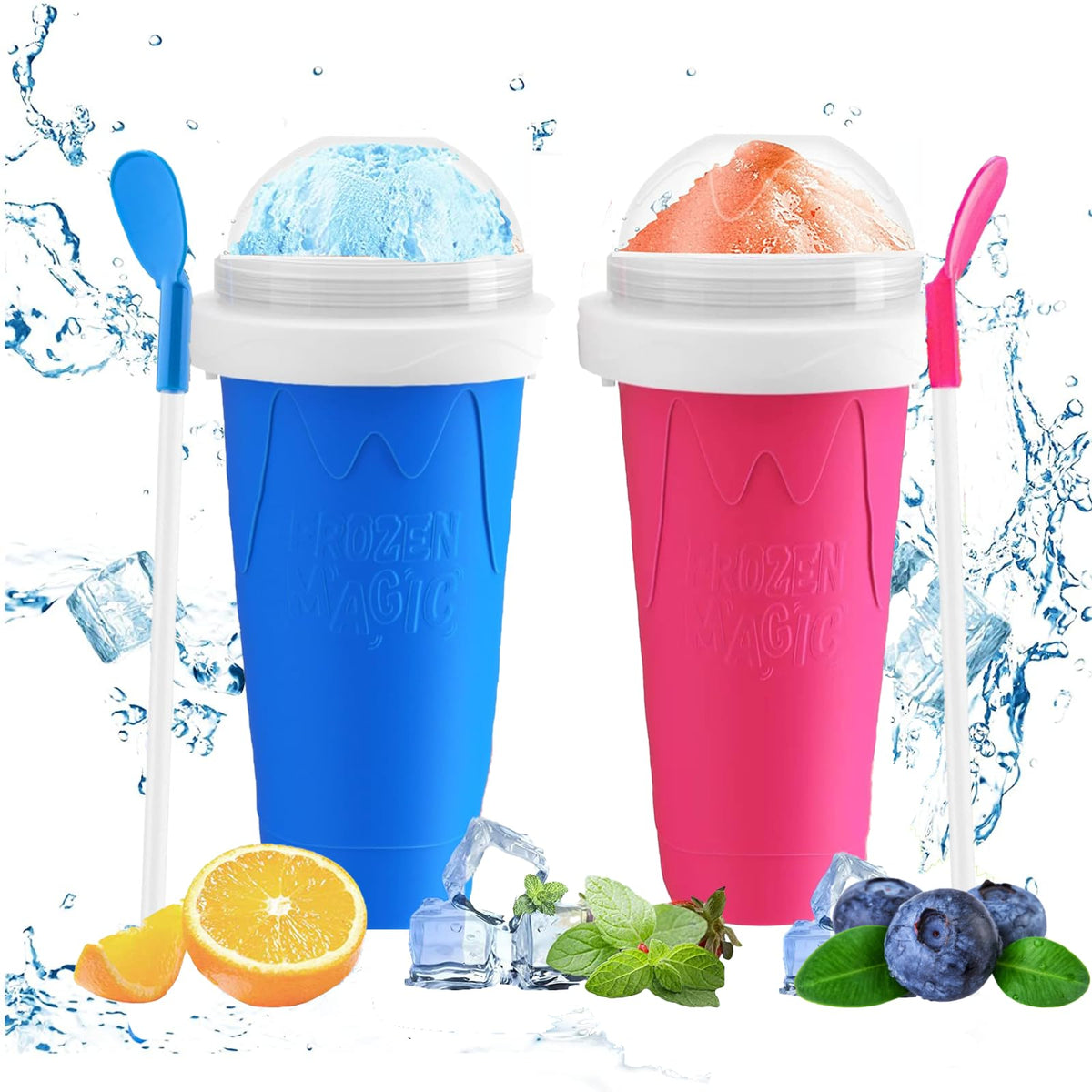WallBIG slushie maker cup front view with two blue squeeze cups for quick frozen drinks