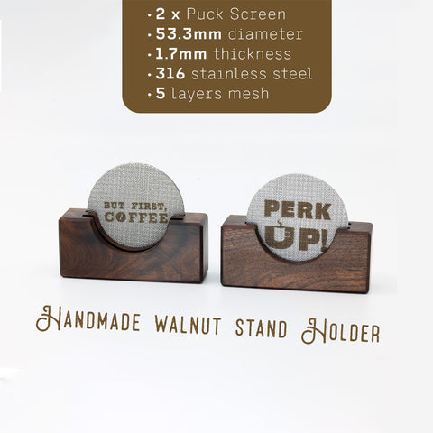 Walnut Coffee handmade walnut stand displaying the puck screen for tidy organization.