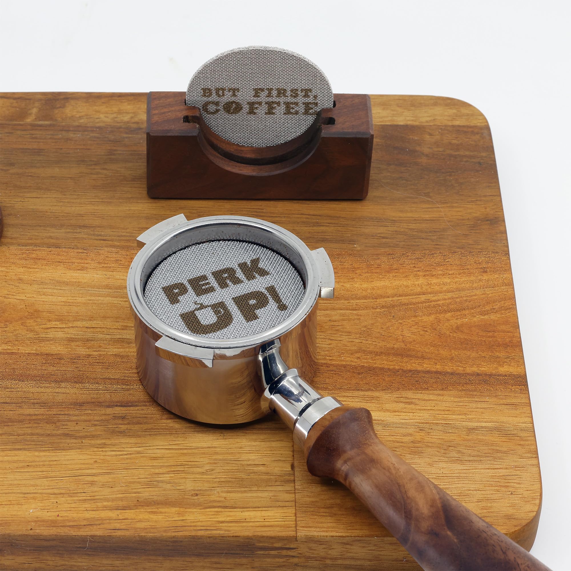 Walnut Coffee walnut stand on a table complements coffee prep space.