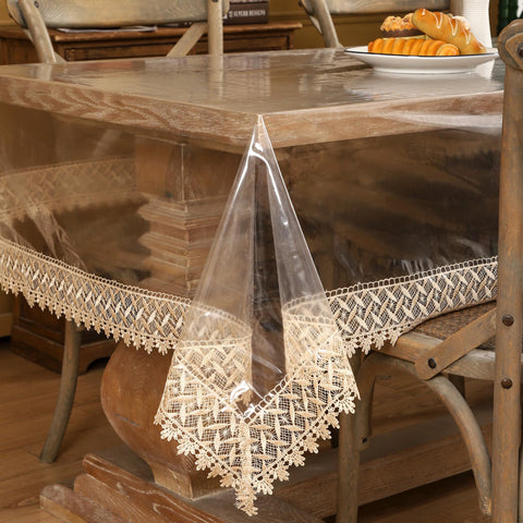 Walrus clear vinyl tablecloth 54x54 protects dining surface from spills.