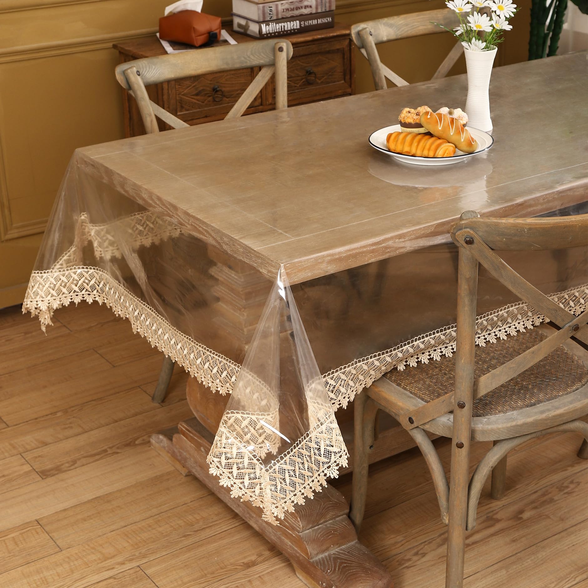 Walrus clear vinyl tablecloth 84x54 stitching edge adds elegant finish.