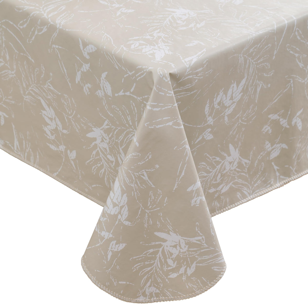 Walrus heavy-duty vinyl tablecloth with flannel backing in beige leaf guards against spills.
