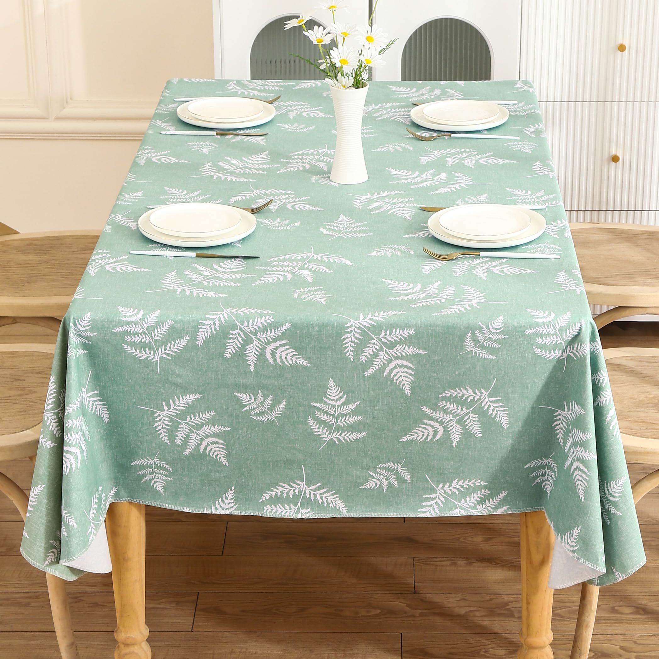 Walrus mint leaf tablecloth setup elevates casual dining.