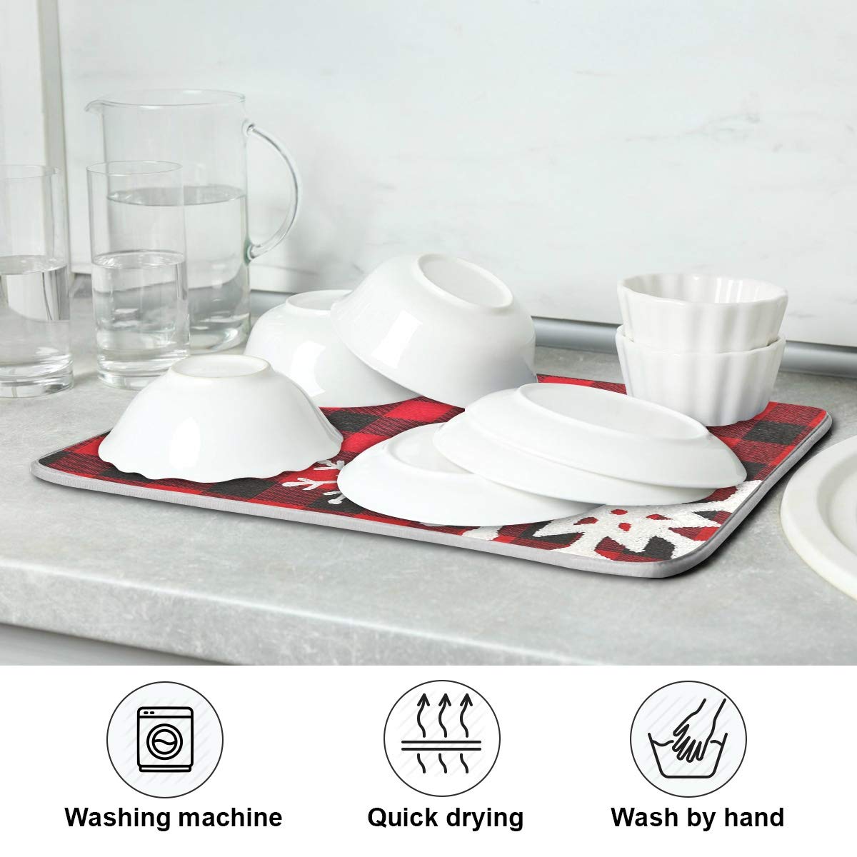 Wamika dish drying mat supports everyday kitchen tasks with bottles and utensils.