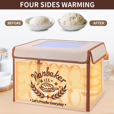 Wanbaker dough proofer side angle demonstrating precise temperature range 68–131°F.