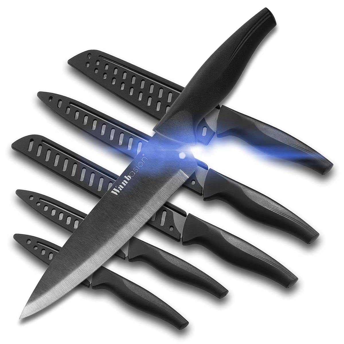 Wanbasion black stainless-steel knife set cover close-up highlighting durable blades for daily prep.