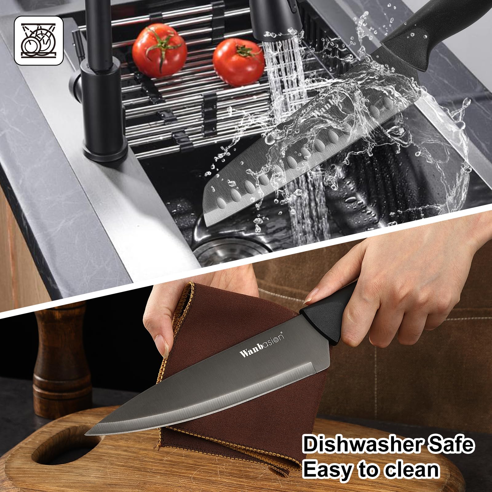 Wanbasion gift-ready kitchen knife set shows versatile design suitable for new or seasoned cooks.