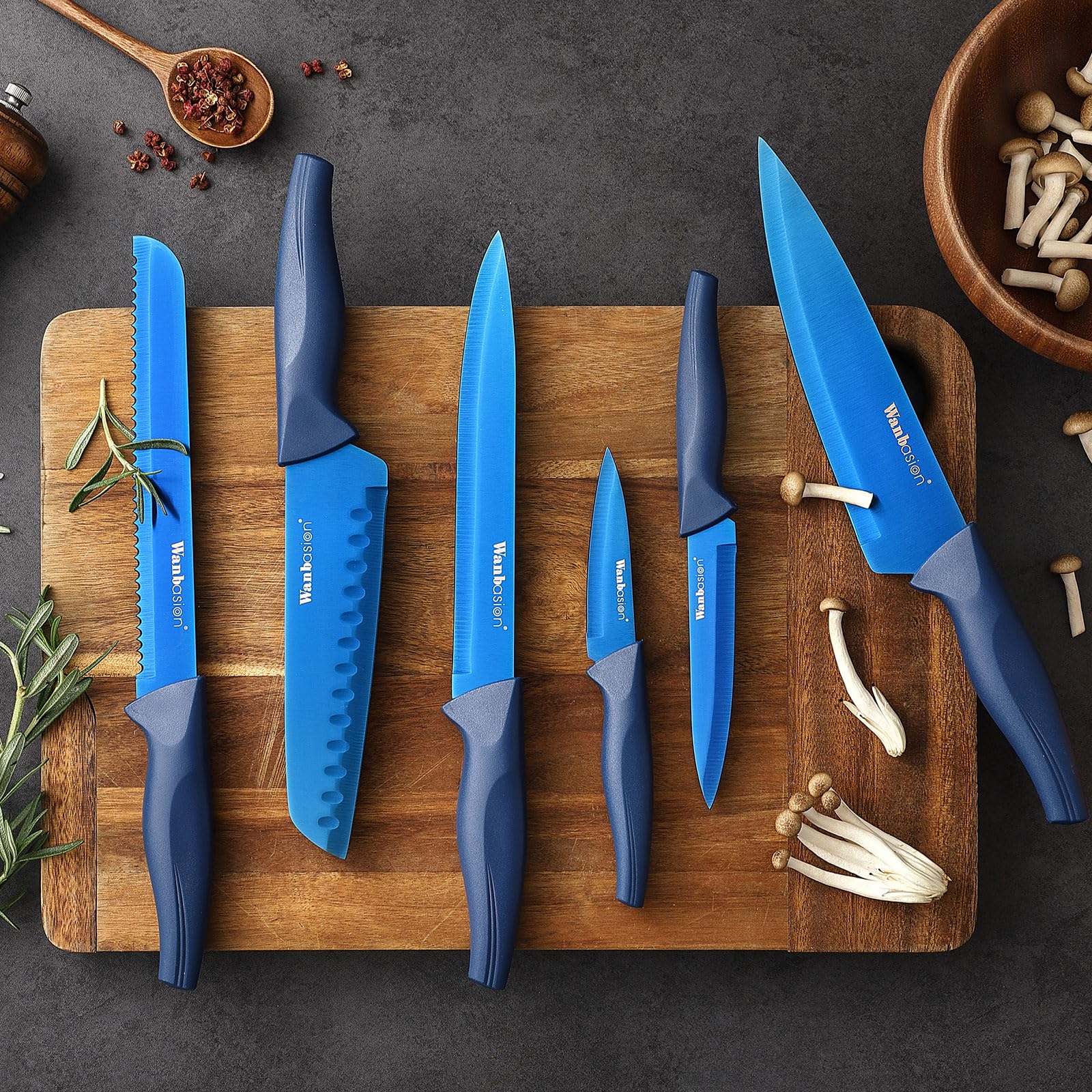 Wanbasion stainless steel chef knife blade close-up showing a sharp edge for precise slicing.