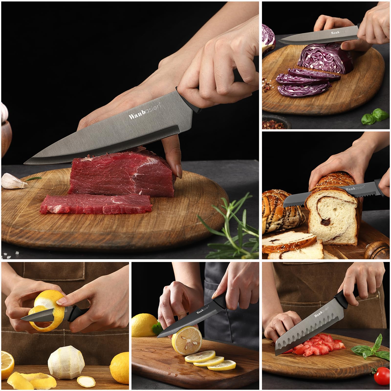 Wanbasion stainless-steel kitchen knife set dishwasher-safe, ideal for easy cleanup after cooking.