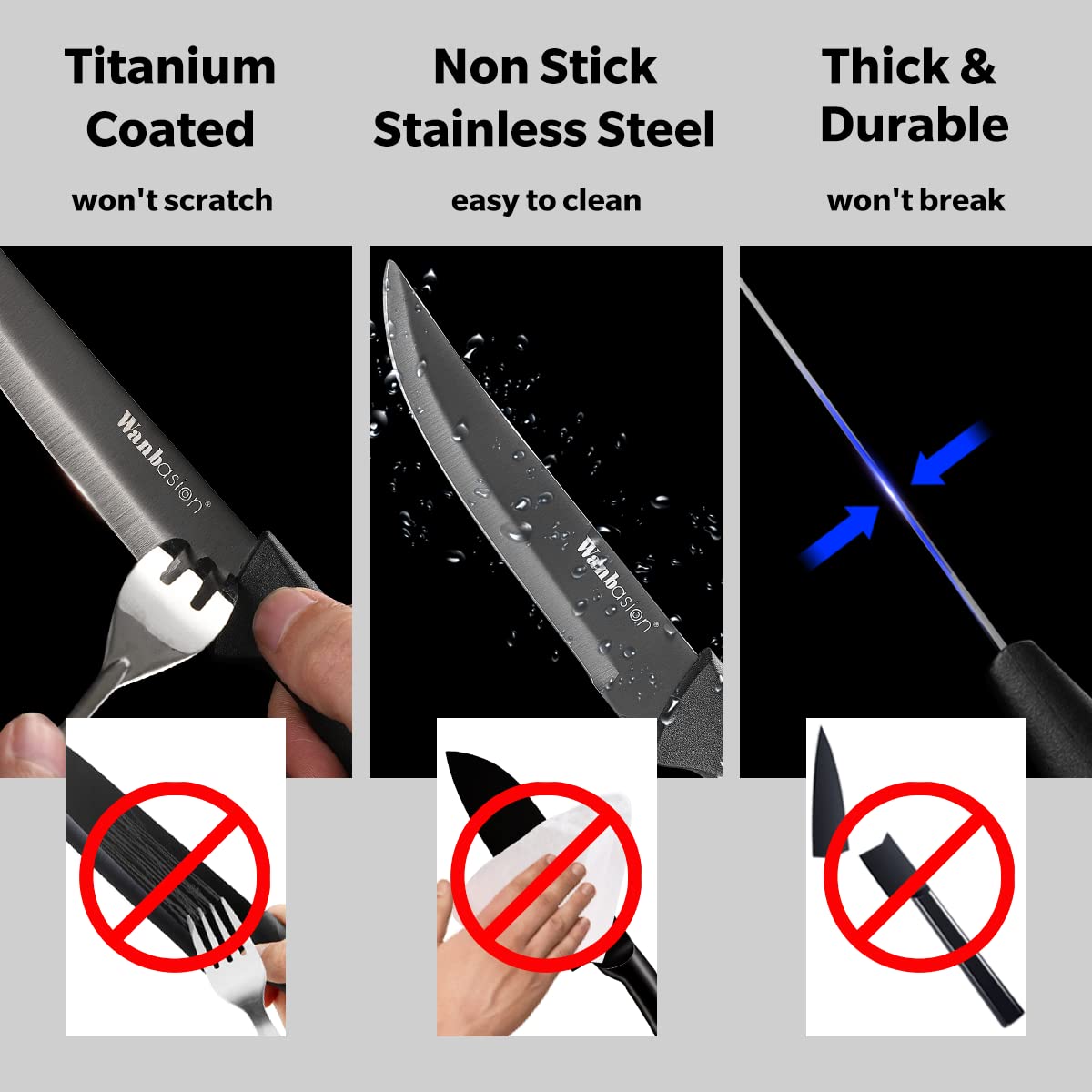 Wanbasion steak knives ergonomic handle grip in action for comfortable dining.