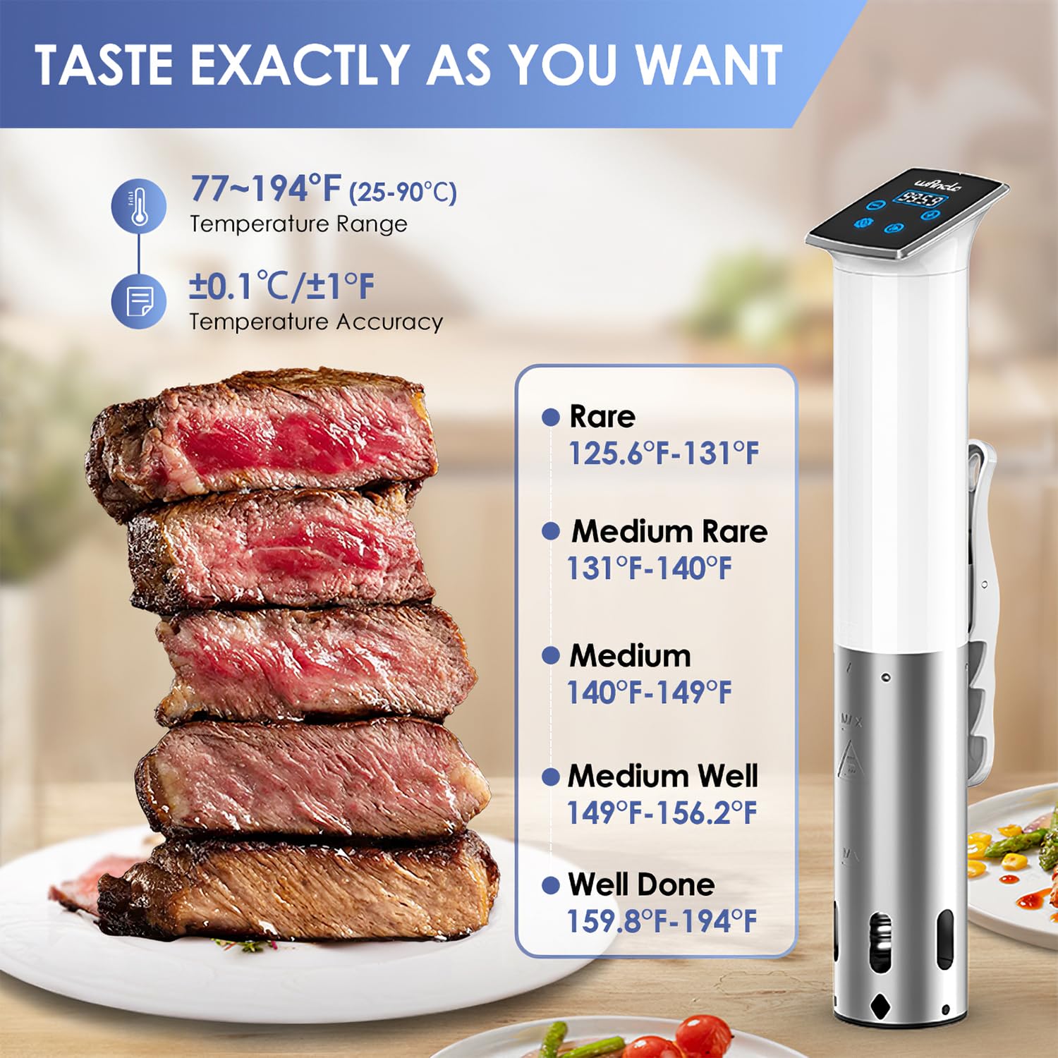 Wancle sous vide cooker water bath demonstrates even heat for tender results