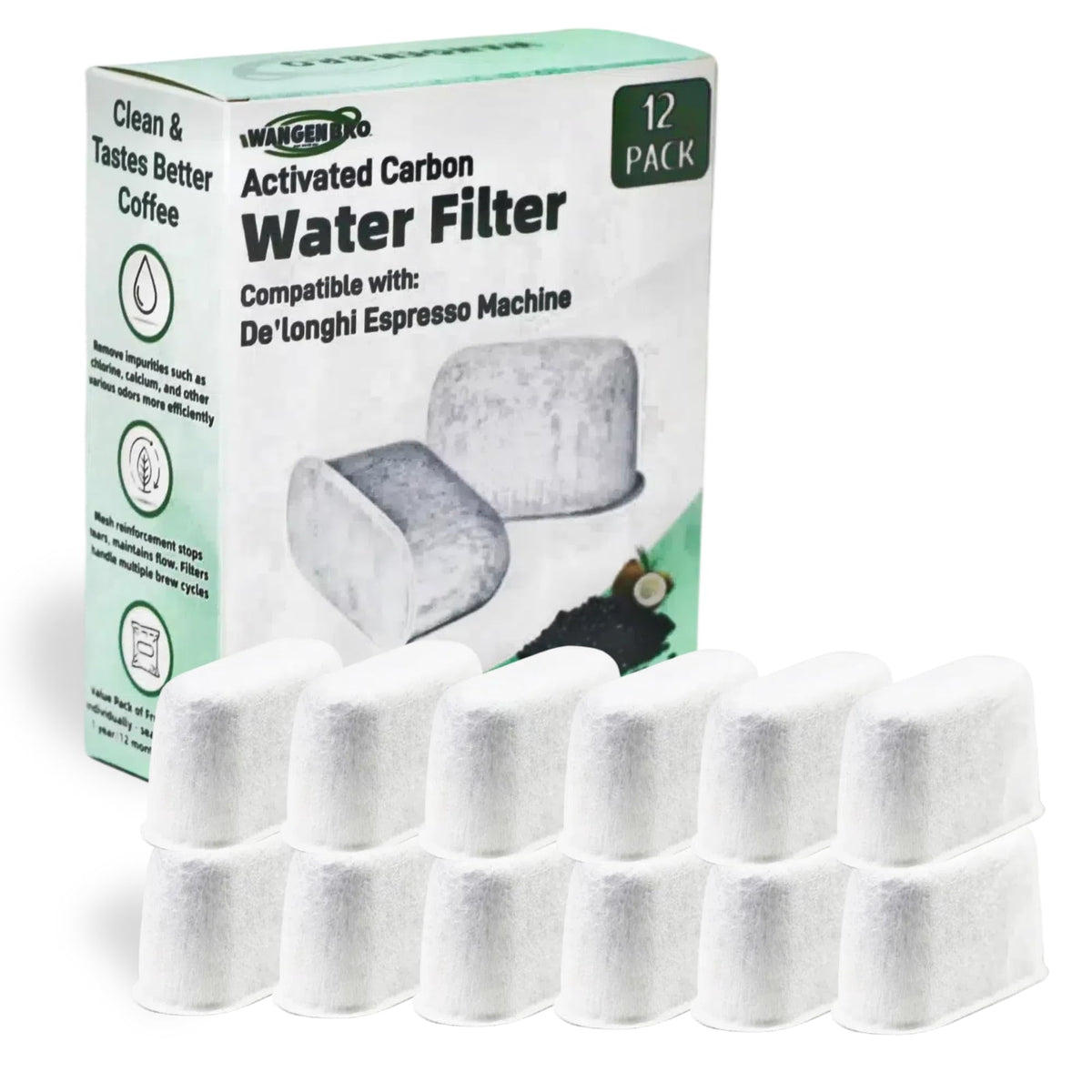 Wangenbro activated charcoal filter pack shown, improving water quality for Delonghi espresso machines.