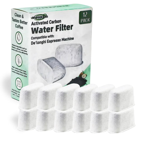 Wangenbro activated charcoal filter pack shown, improving water quality for Delonghi espresso machines.