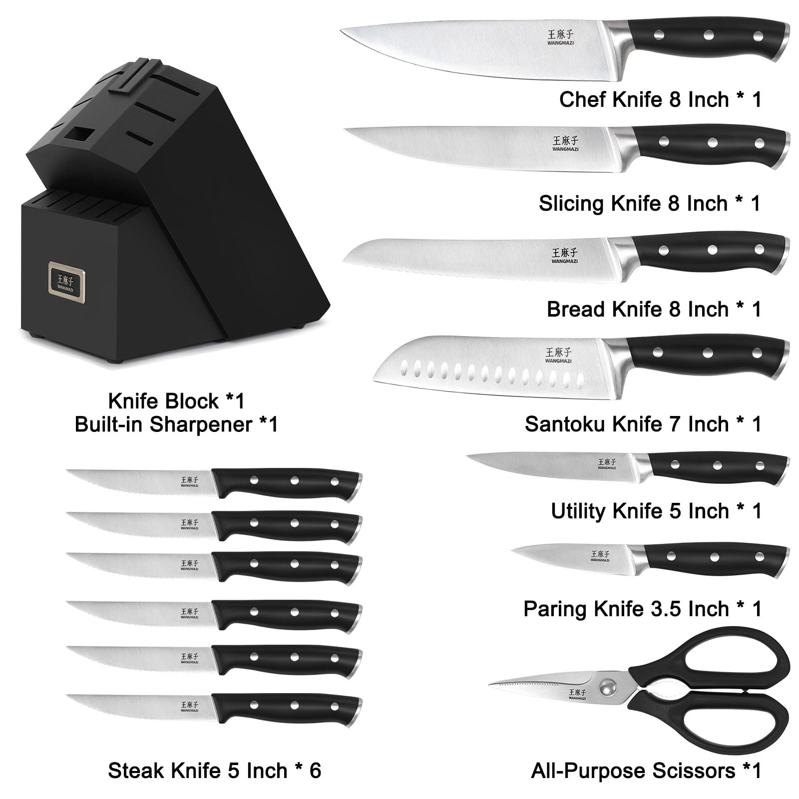 WANGMAZI 8-inch chef knife showing laser-edge precision