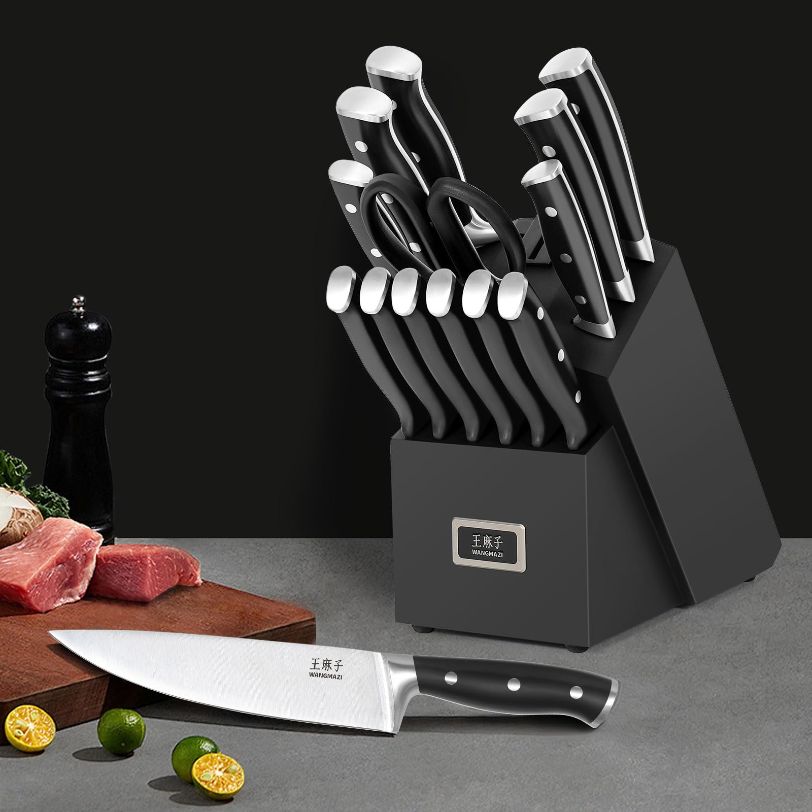 WANGMAZI knife set with black ergonomic handles for comfortable control