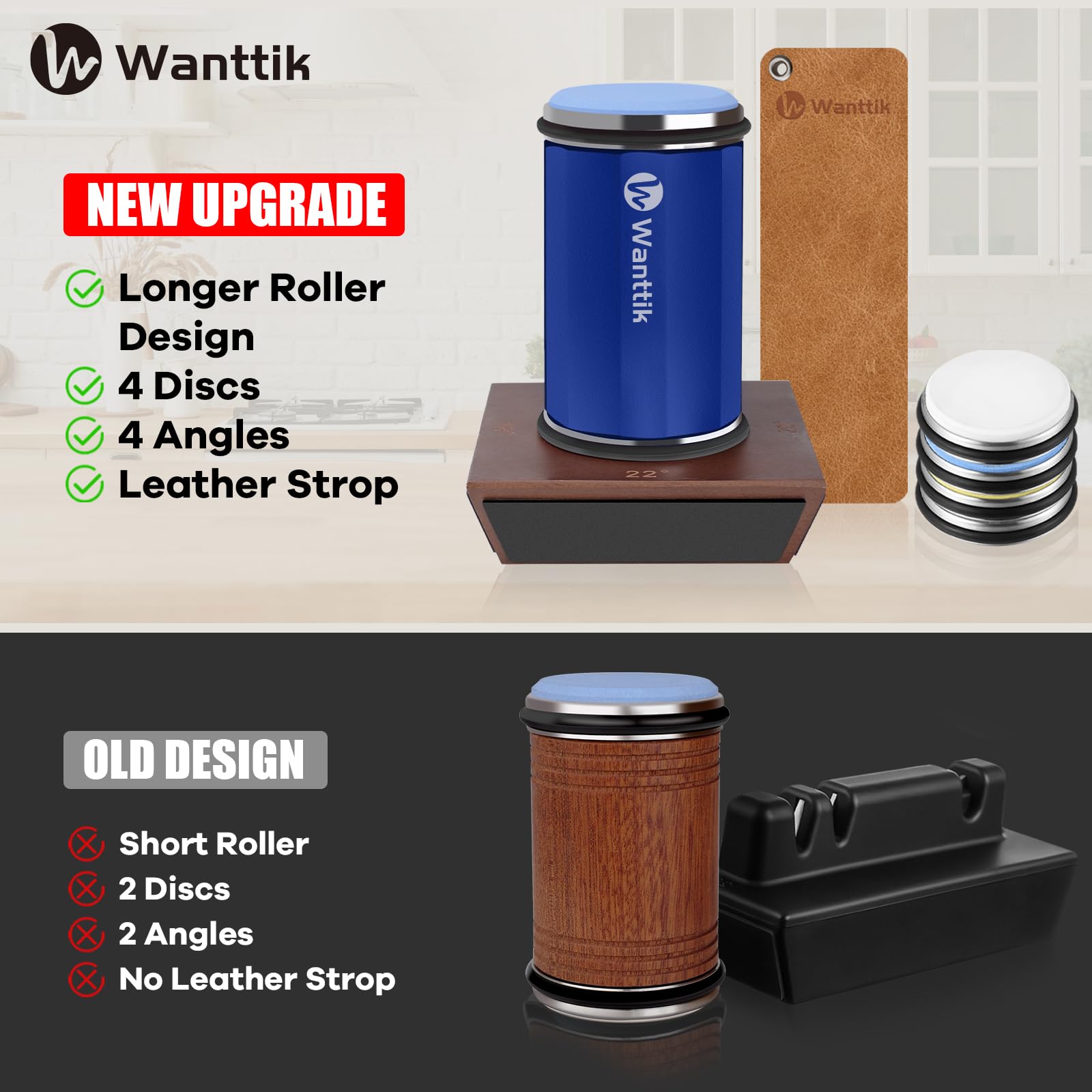 WANTTIK four-disc sharpener enables versatile grit options for blades