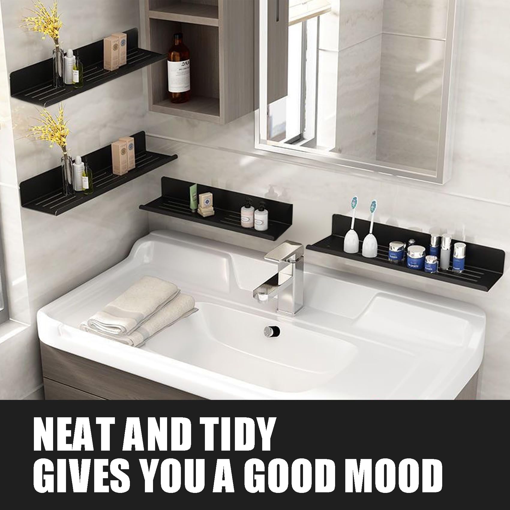 WANYISHUN floating shelf with drain holes promotes airflow and keeps items dry.