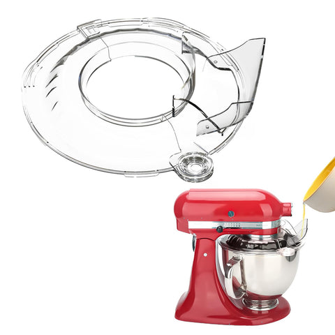 Wanyshapy pouring shield on tilt head mixer contains batter and flour for cleaner counters.