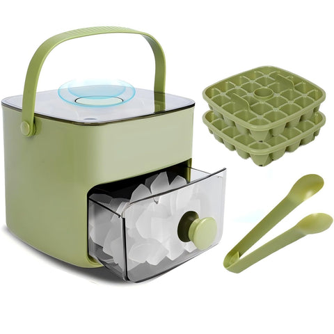 WAOGE ice cube tray with lid and bin, green, showing stackable design.