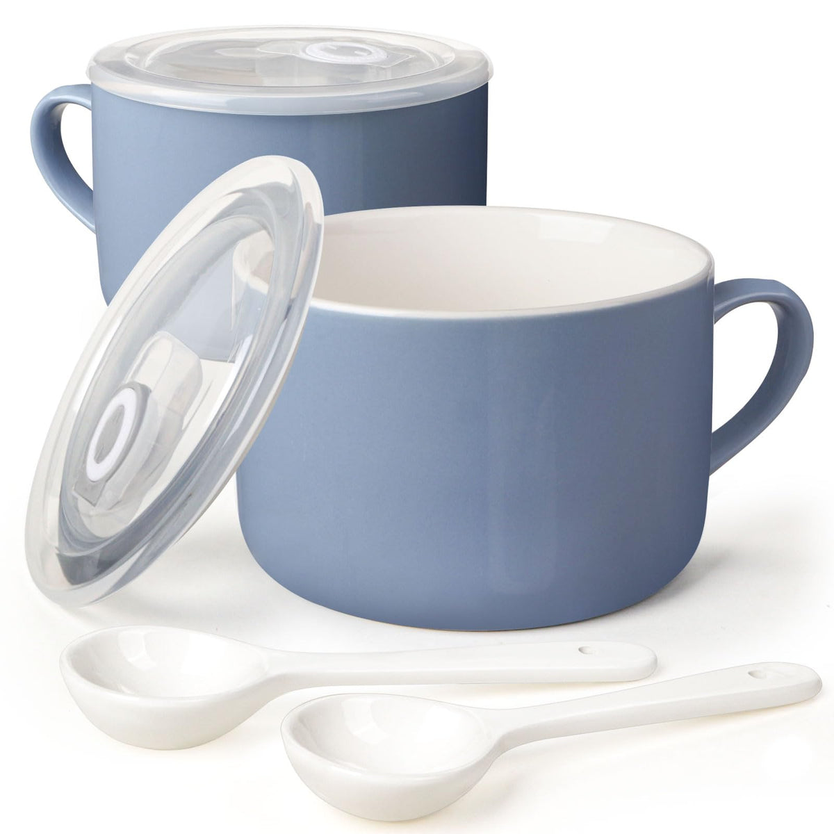 Wareland sky blue ceramic soup bowls with handles and spoons for easy serving.