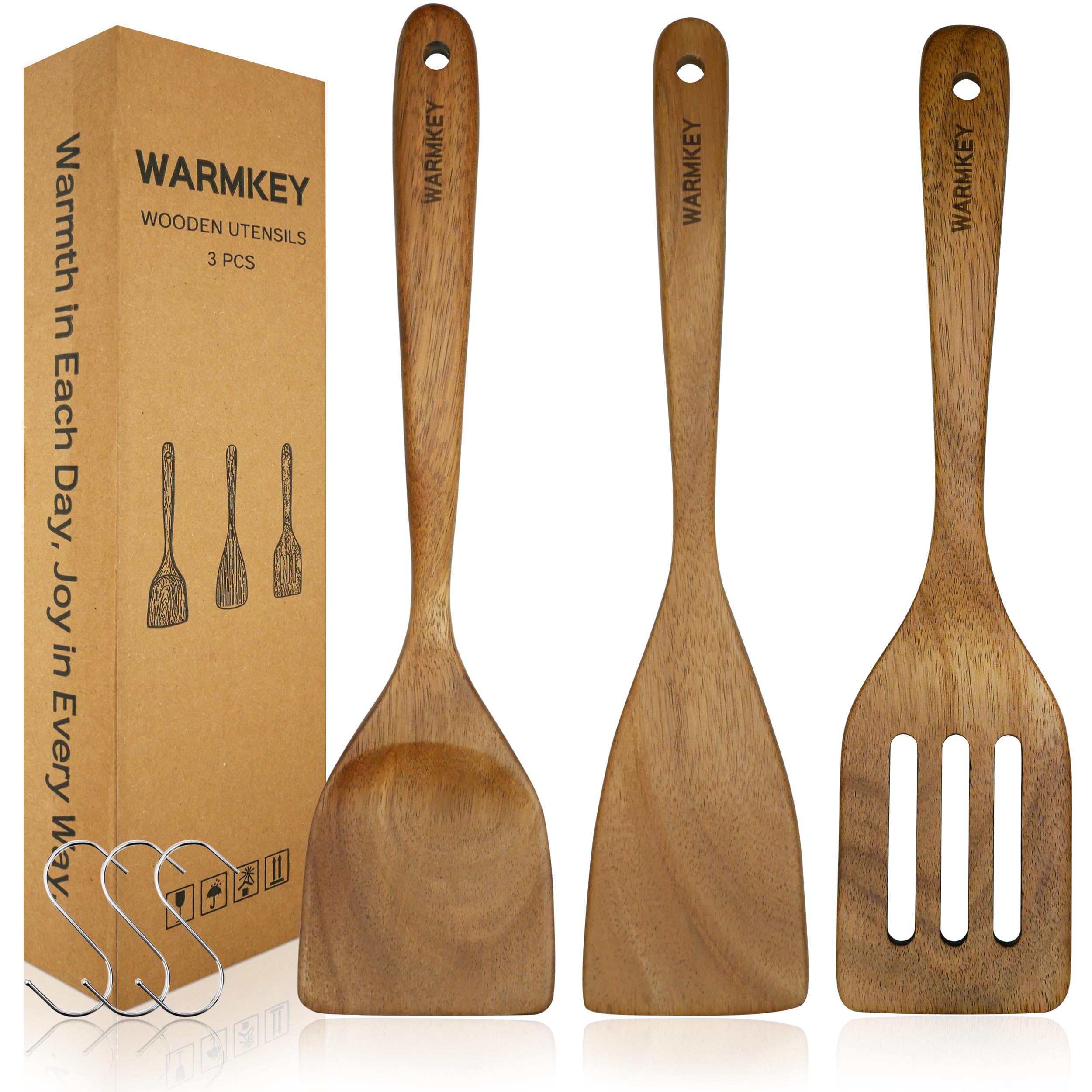 WARMKEY acacia wood spatula set 3: durable one-piece design for nonstick pans