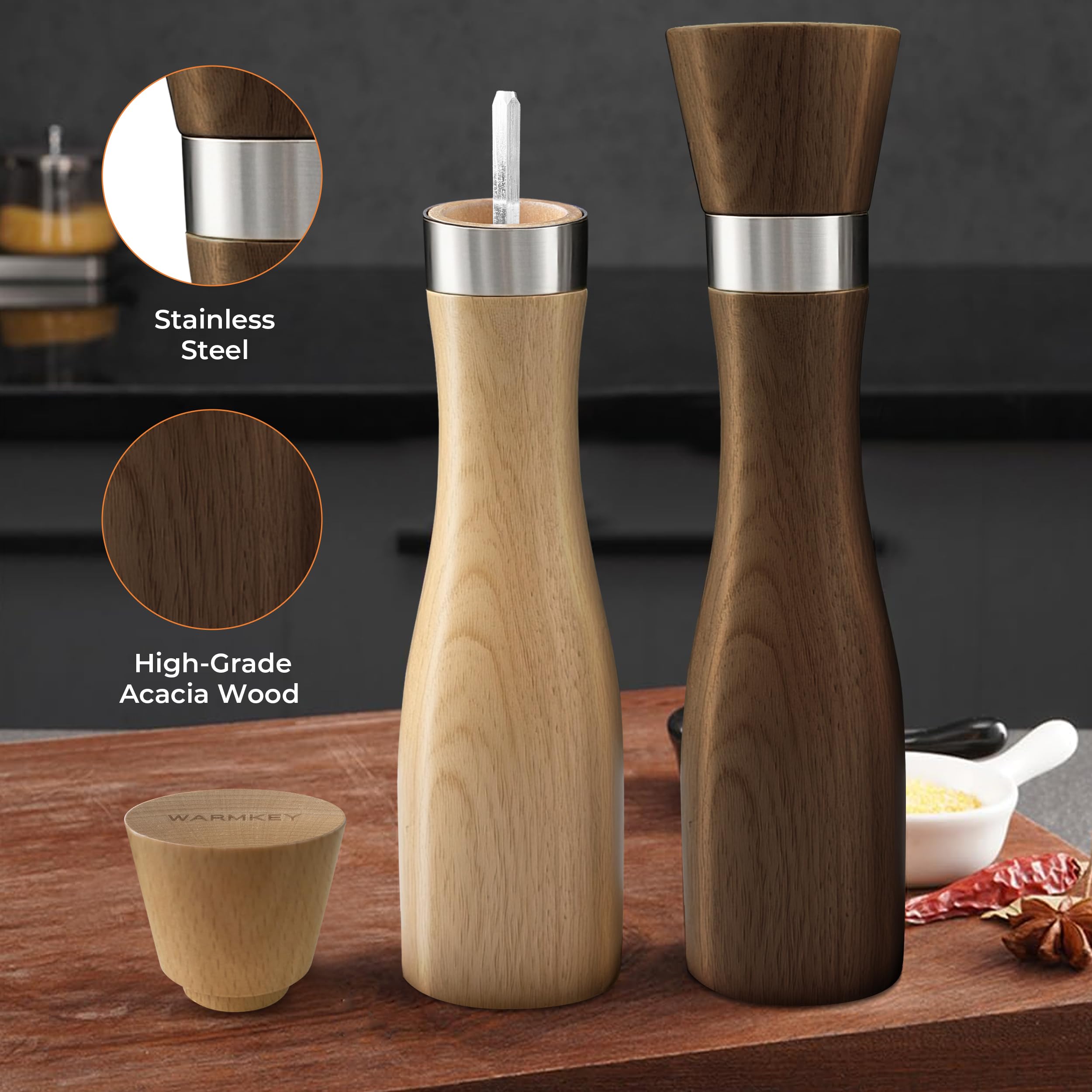 WarmKey beech wood grinder set displayed on a kitchen countertop.