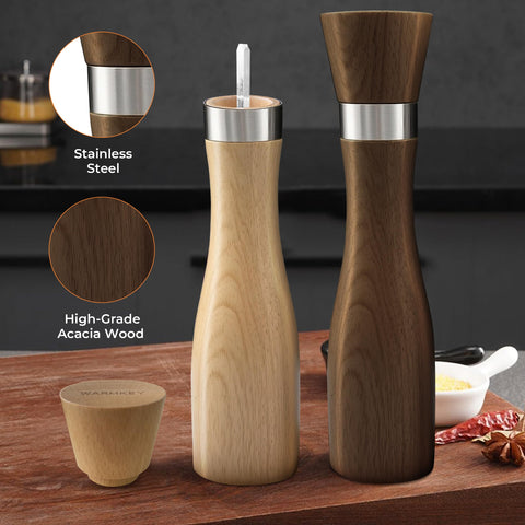 WarmKey beech wood grinder set displayed on a kitchen countertop.