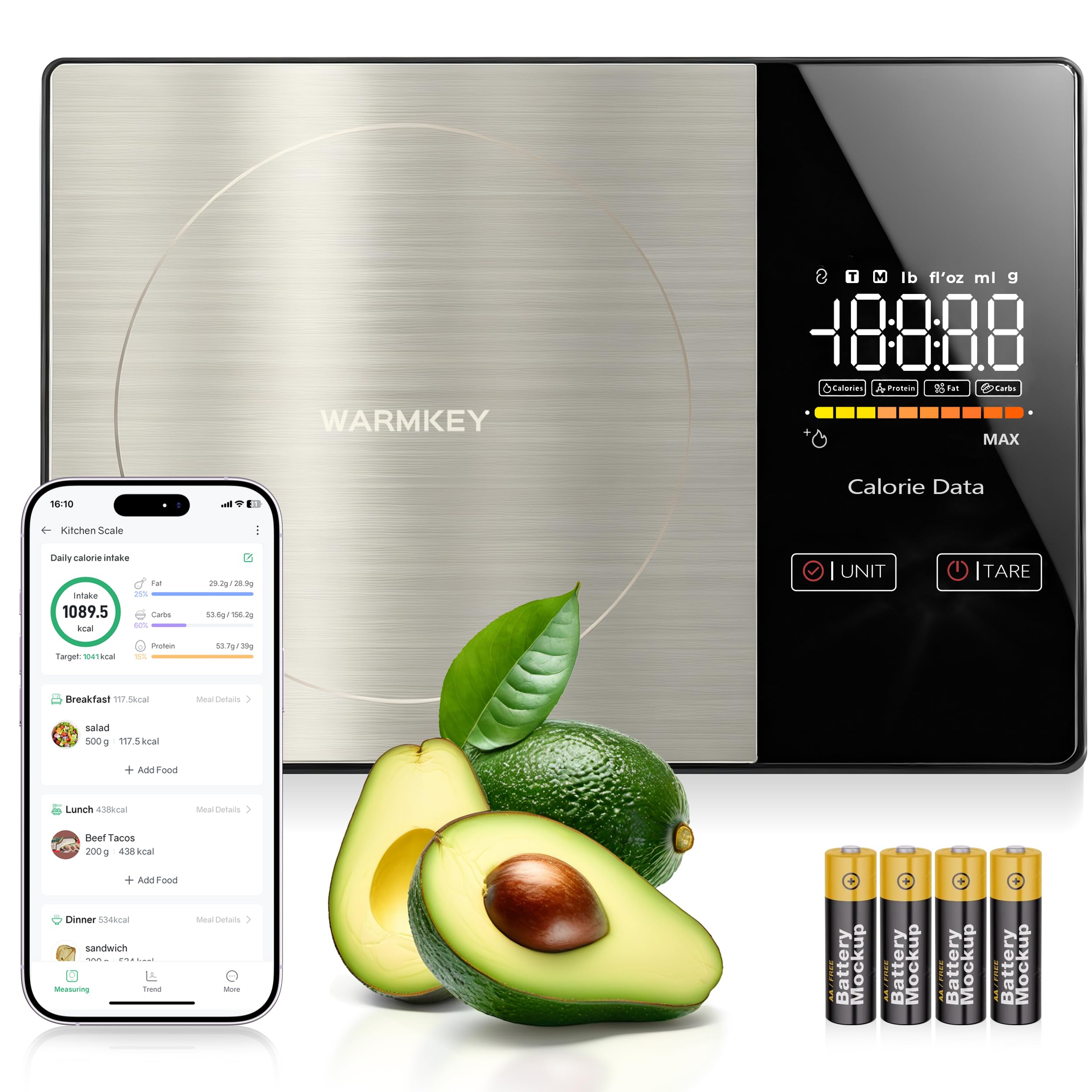 WarmKey Smart Nutrition Scale with bright LED display for precise measurements.