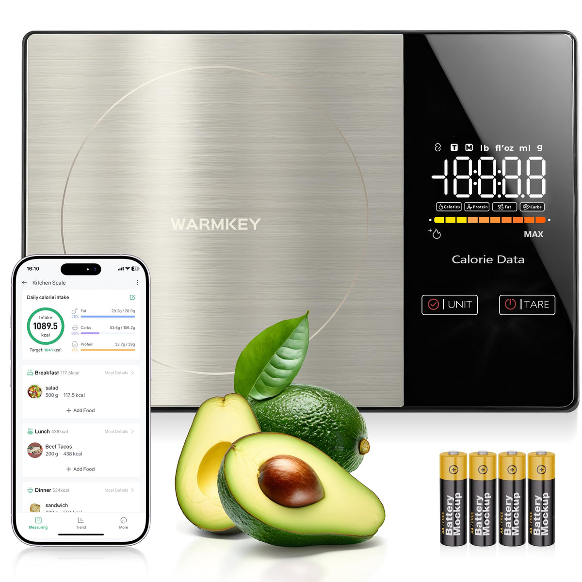 WarmKey Smart Nutrition Scale with bright LED display for precise measurements.