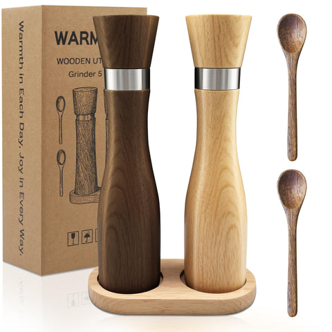 WarmKey solid beech salt and pepper grinders with tray for stylish countertop seasoning.