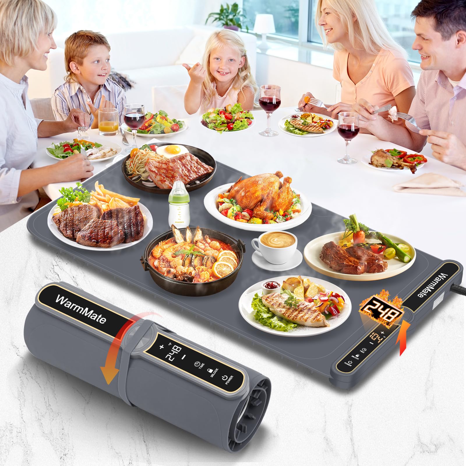 WarmMate food warming mat showing 8-second full-surface heat for instant serving warmth