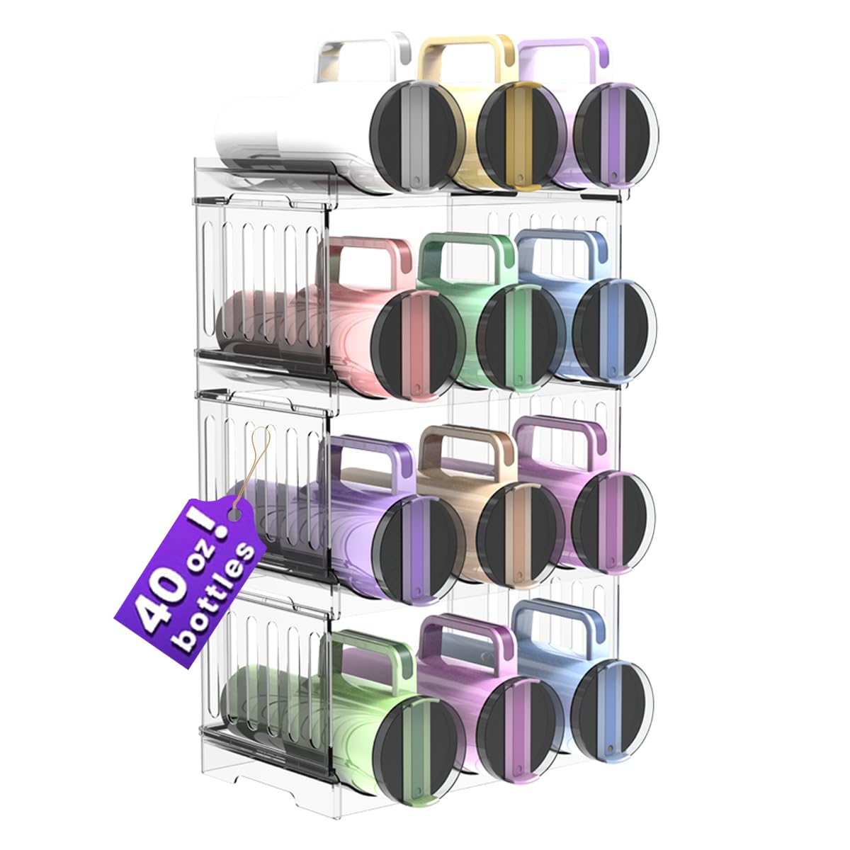 Water Bottle Organizer 4-Tier Stack neatly stores Stanley 40 oz tumblers and similar bottles.