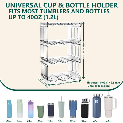 Water Bottle Organizer 40oz tumbler holder shows secure side prongs for upright bottles.