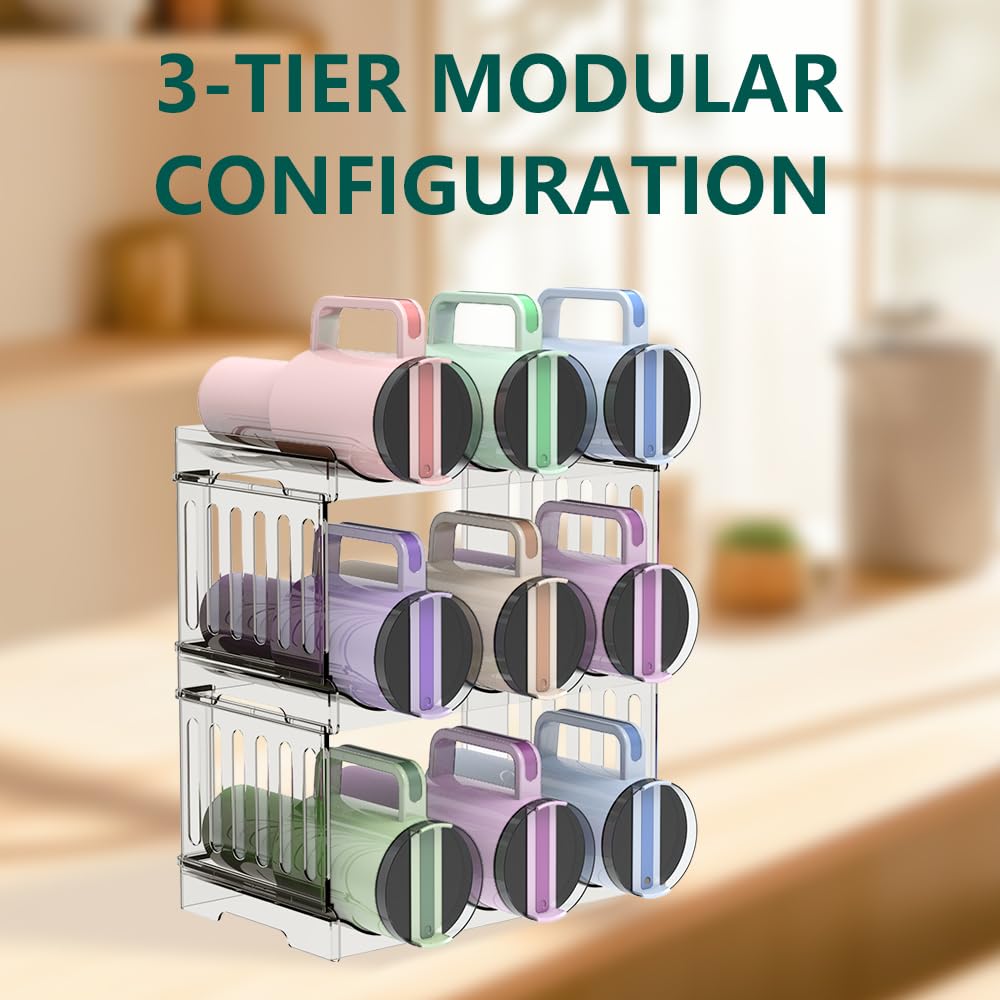 Water Bottle Organizer clear plastic finish blends with any decor and reveals contents.