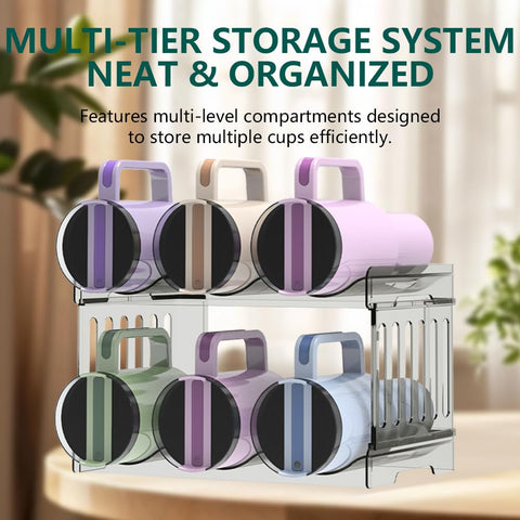 Water Bottle Organizer kitchen rack helps keep mugs and bottles organized and reachable.