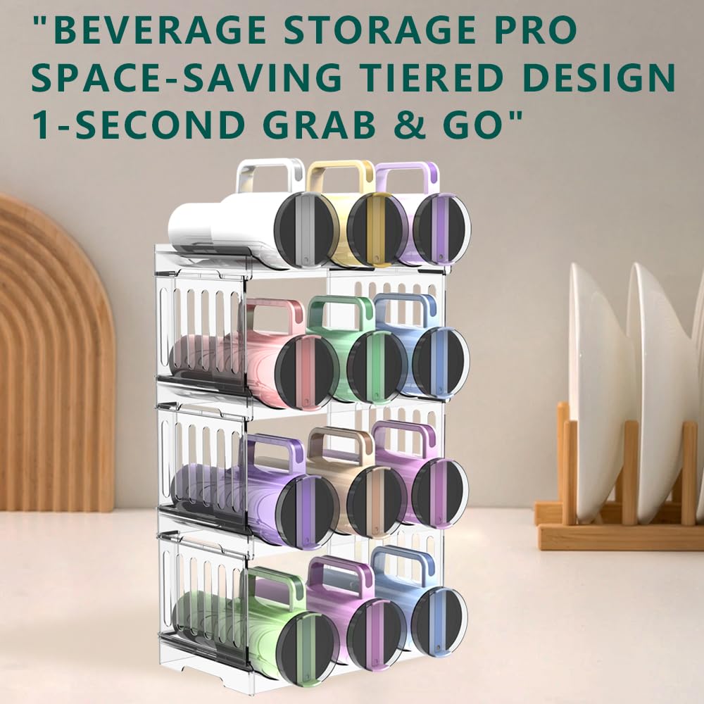 Water Bottle Organizer stackable legs save space in cabinets and on countertops.