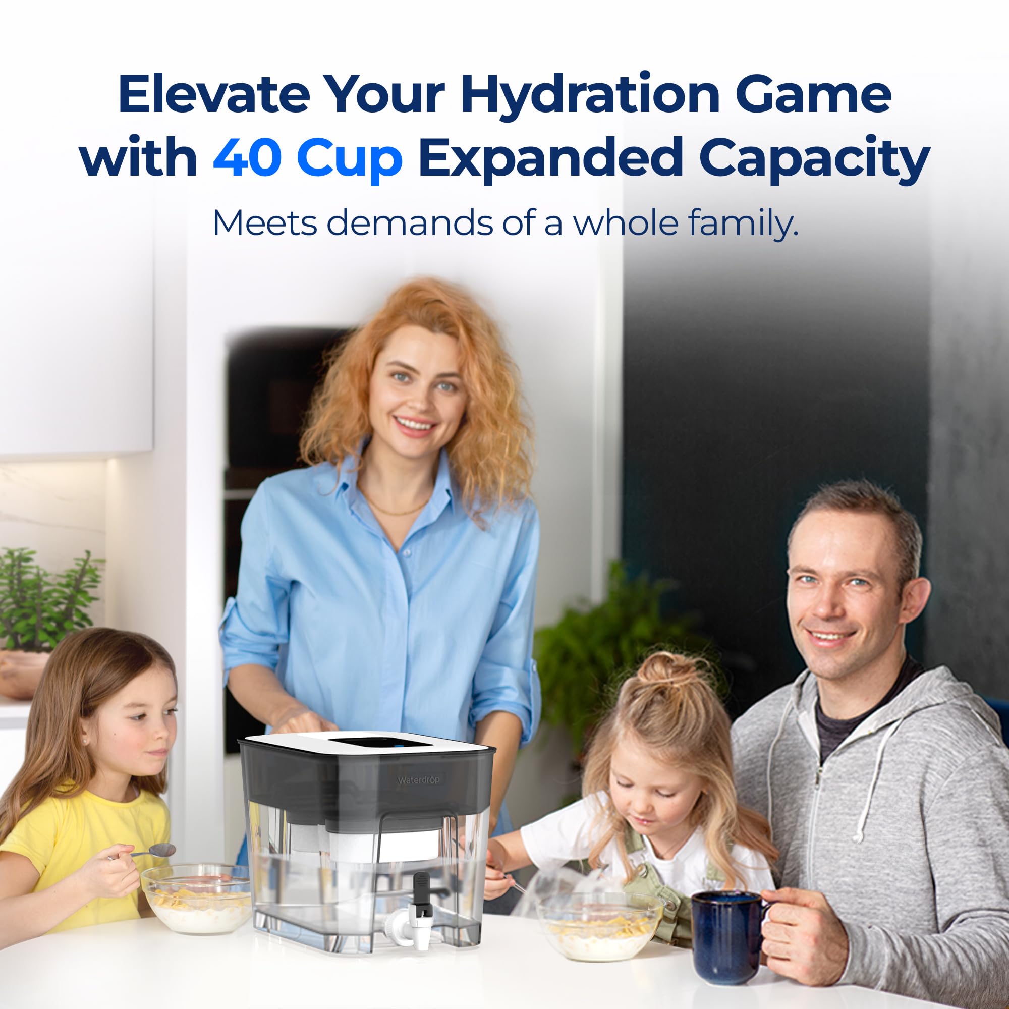 Waterdrop 40 Cup Dual Filter Dispenser NSF-certified label and filter area.