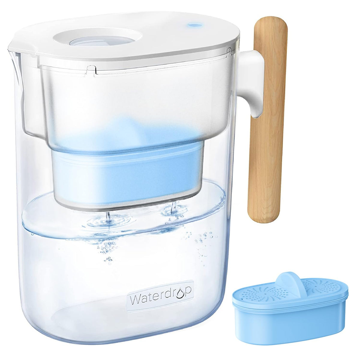 Waterdrop Alkaline Chubby pitcher front view shows a slim, modern design for easy fridge storage.