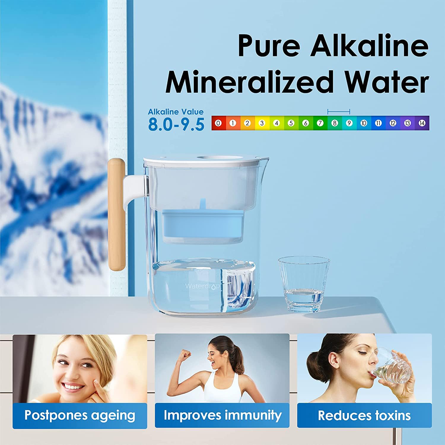 Waterdrop Alkaline Chubby pitcher with spout lid highlights dust-free refilling convenience.