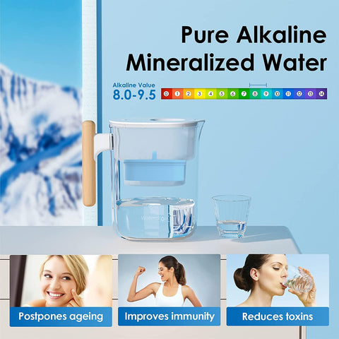 Waterdrop Alkaline Chubby pitcher with spout lid highlights dust-free refilling convenience.