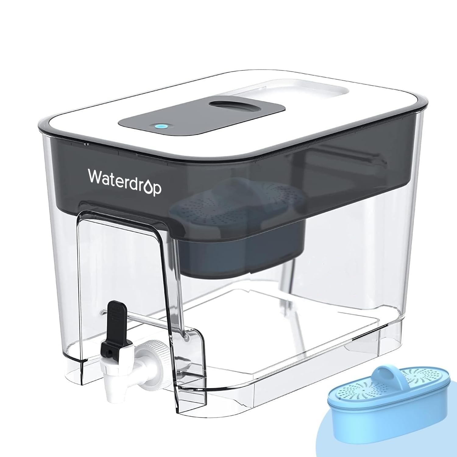 Waterdrop alkaline dispenser front view showing the large 40-cup capacity for family hydration.