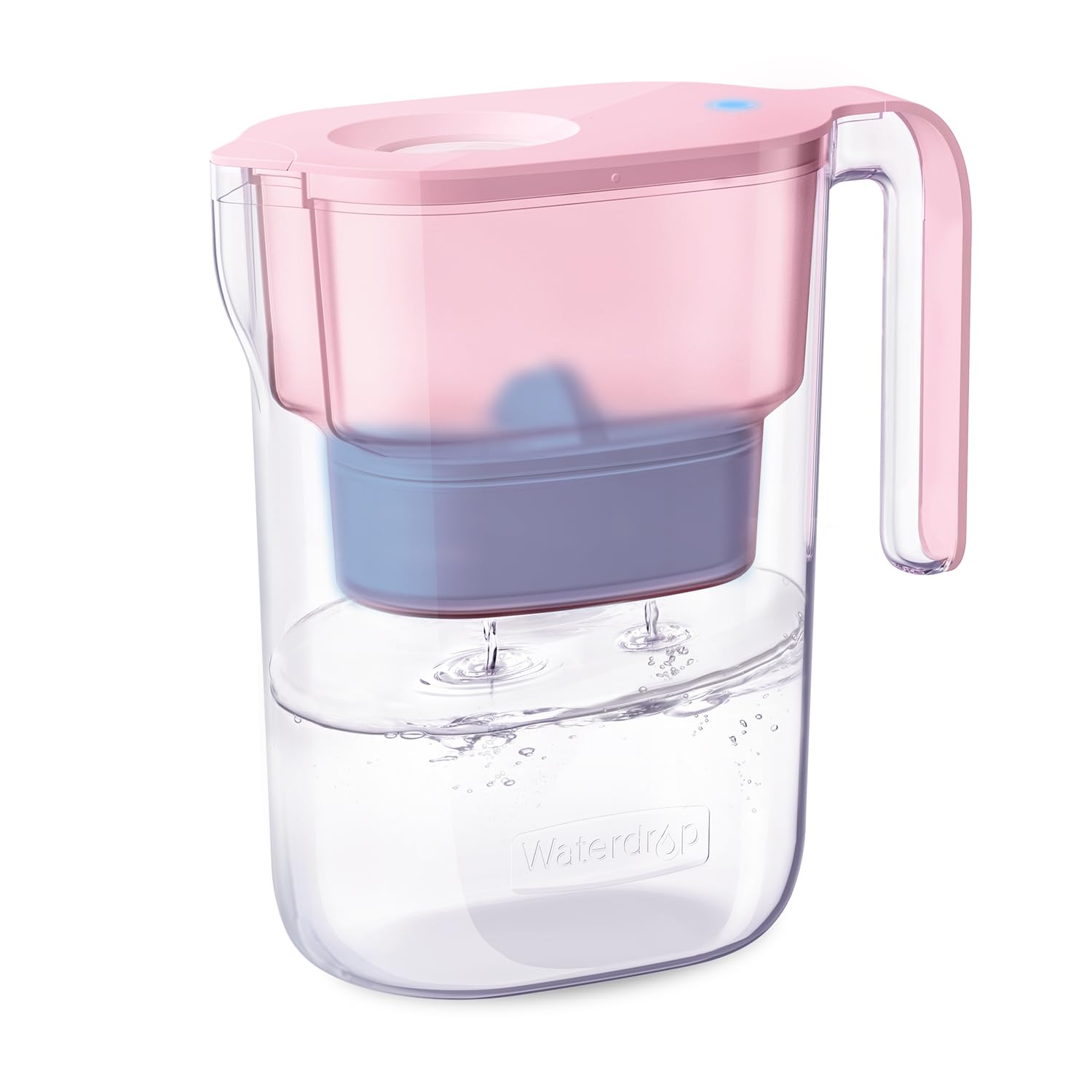 Waterdrop alkaline pitcher pink front view, compact 7-cup design for home hydration